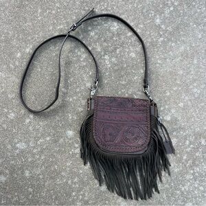 MONTANA WEST 100% Brown Leather Tooled Fringe Crossbody Purse Boho